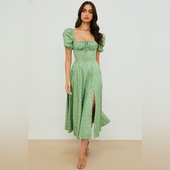 House of Cb Tallulah Olive Midi Green Dress Floral Puff Sleeve Size XS - Picture 7 of 14